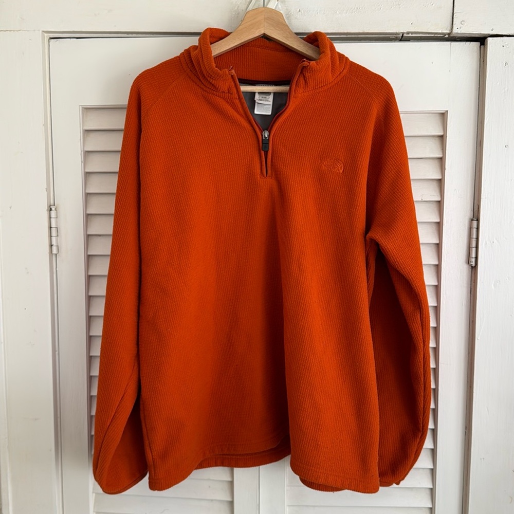 The North Face 1/4 Zip Fleece Pullover Orange Grid Pattern Mock Neck Mens XL